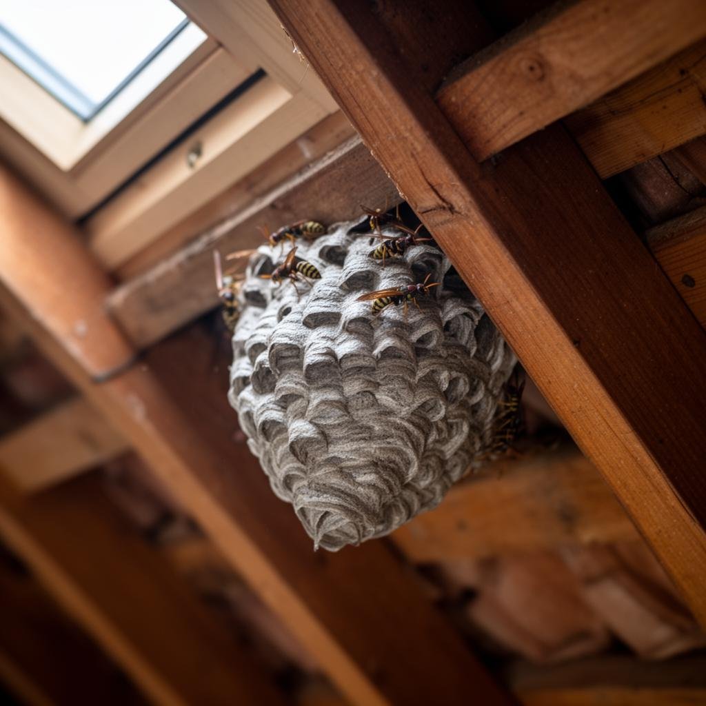 Wasp nest built into the roof rafters of a loft